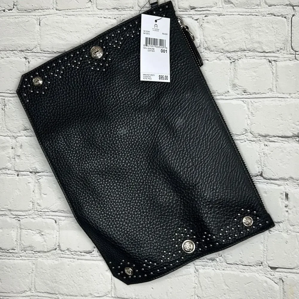 Etienne Aigner Black Leather Wristlet Clutch‎ Studded NEW with tags